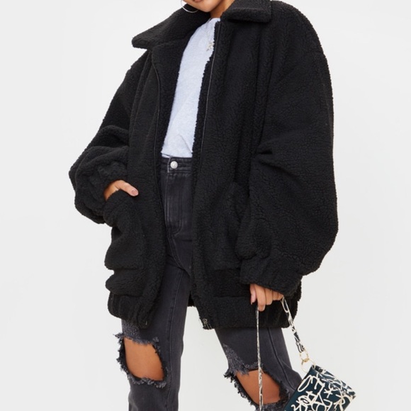 Black oversized borg pocket front coat - Picture 4 of 6